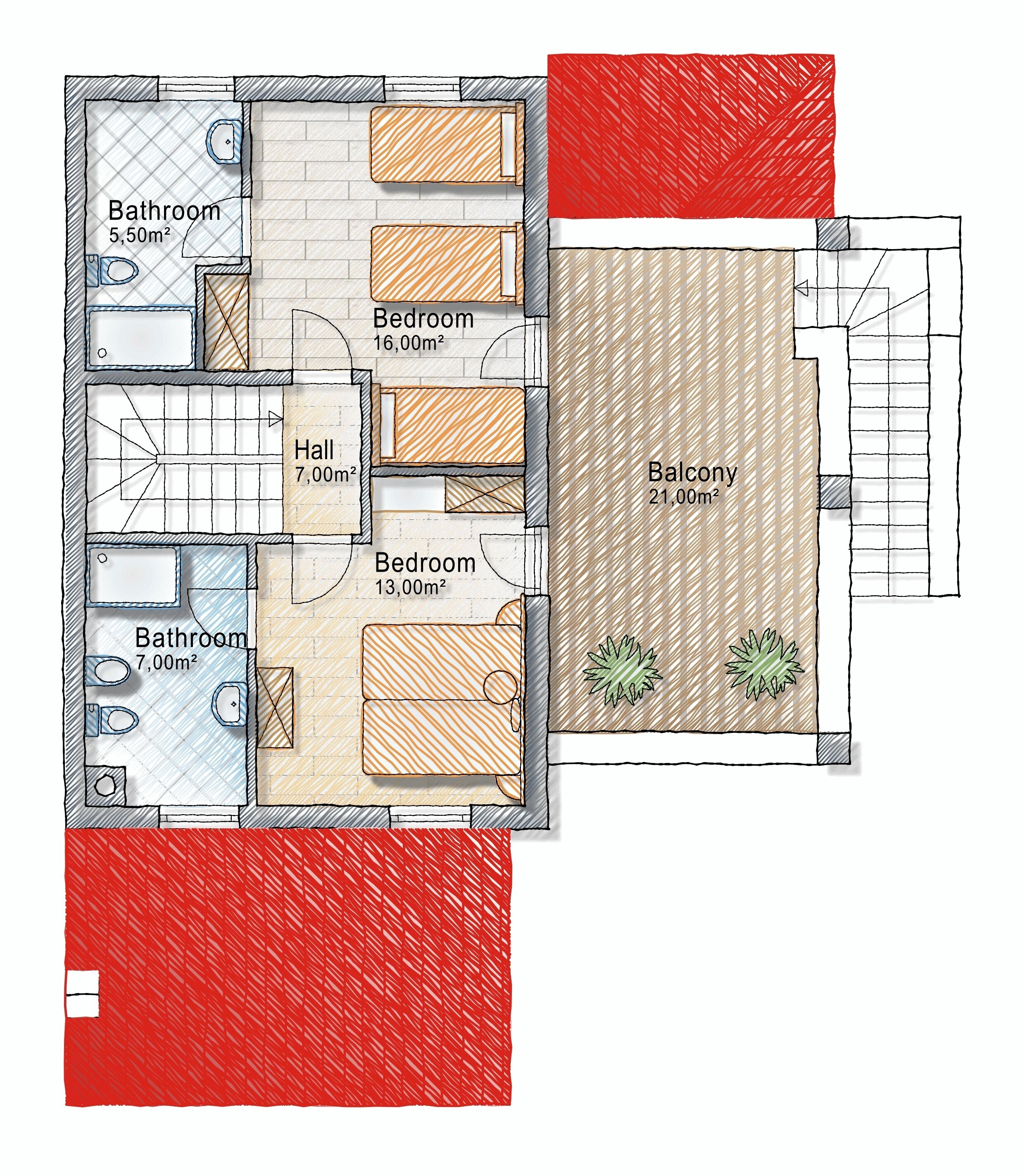 A floor plan of a hotel with two bedrooms, two bathrooms, a hall, and a balcony.