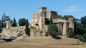 Un castillo histórico con múltiples torres, una entrada fortificada y vegetación circundante.