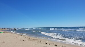 Una playa con cielo despejado, gente caminando y nadando, y algunos sombrillas.