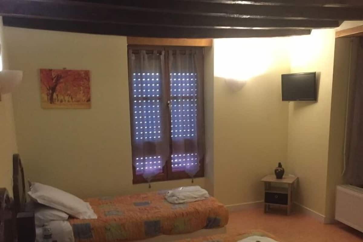 Chambre double ou avec lits jumeaux | Décor unique, ameublement unique, bureau, fer et planche à repasser
