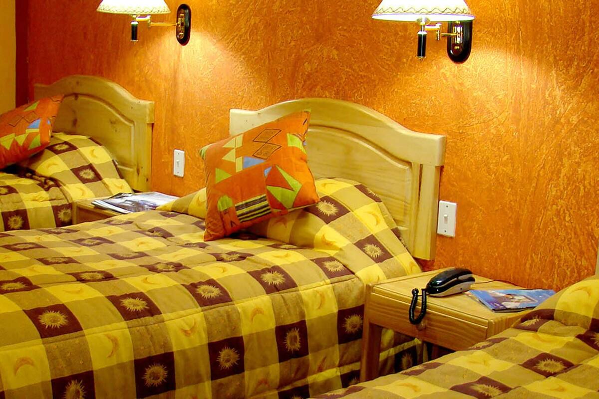 Quarto de hotel com duas camas, cada uma com colcha xadrez, travesseiros e mesa de cabeceira com luminária e telefone.