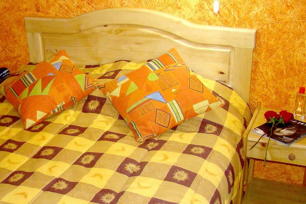 Uma cama com colcha xadrez, dois travesseiros, mesa de cabeceira com um livro, uma garrafa e um controle remoto.