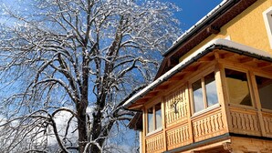 A traditional wooden building with a balcony, surrounded by snow-covered trees and a clear blue sky. - Der Ulmenhof (Gosau)