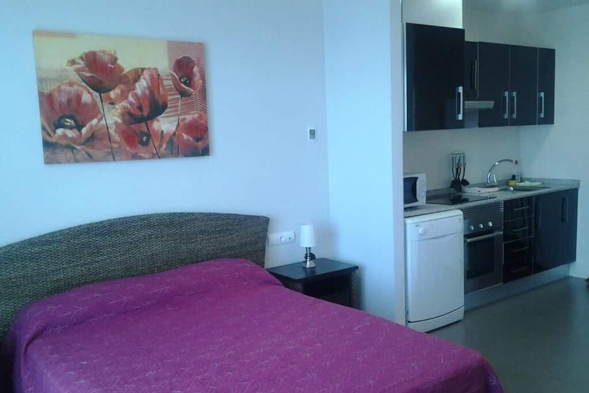 A bedroom with a bed, a nightstand, a painting, and a kitchenette with cabinets and appliances.