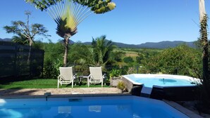 A swimming pool with two white lounge chairs and a palm tree. - CITRONELLA APARTMENT (PETIT-BOURG)