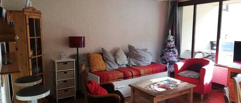 Una televisión, un reproductor de DVD, libros