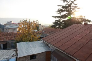 Bairro residencial com casas, uma árvore e uma montanha ao fundo.
