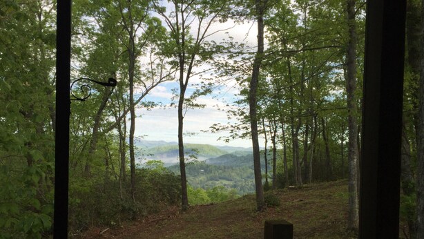 Eine bewaldete Landschaft mit Blick auf ferne Hügel und einem klaren Himmel.