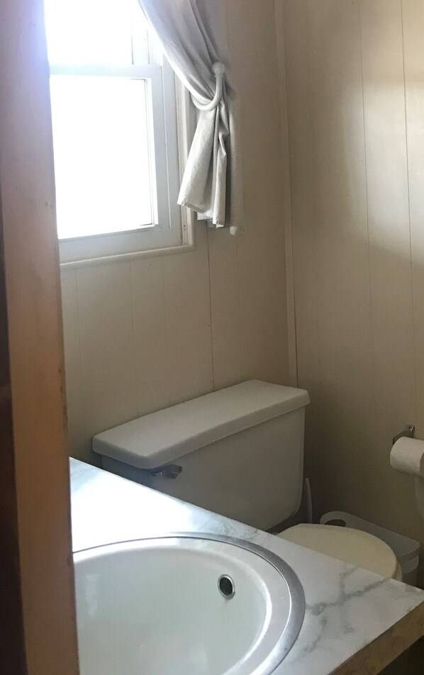 A small bathroom with a toilet, a sink, and a window with curtains. - Escape to your cozy 2-bedroom cabin near DuPont State Forest (Hendersonville)