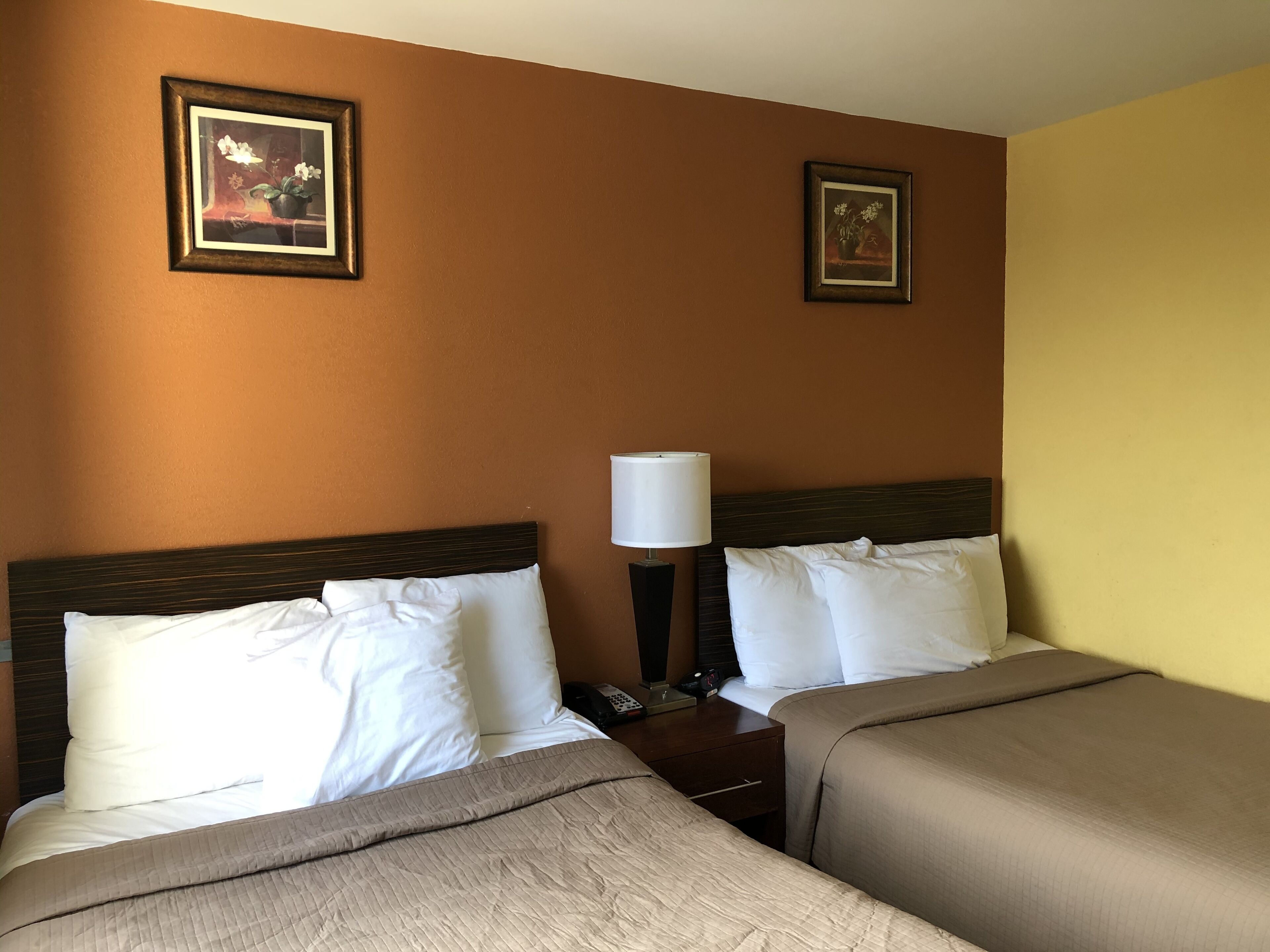 A hotel room with two beds, a nightstand with a lamp, and two framed pictures on the wall.