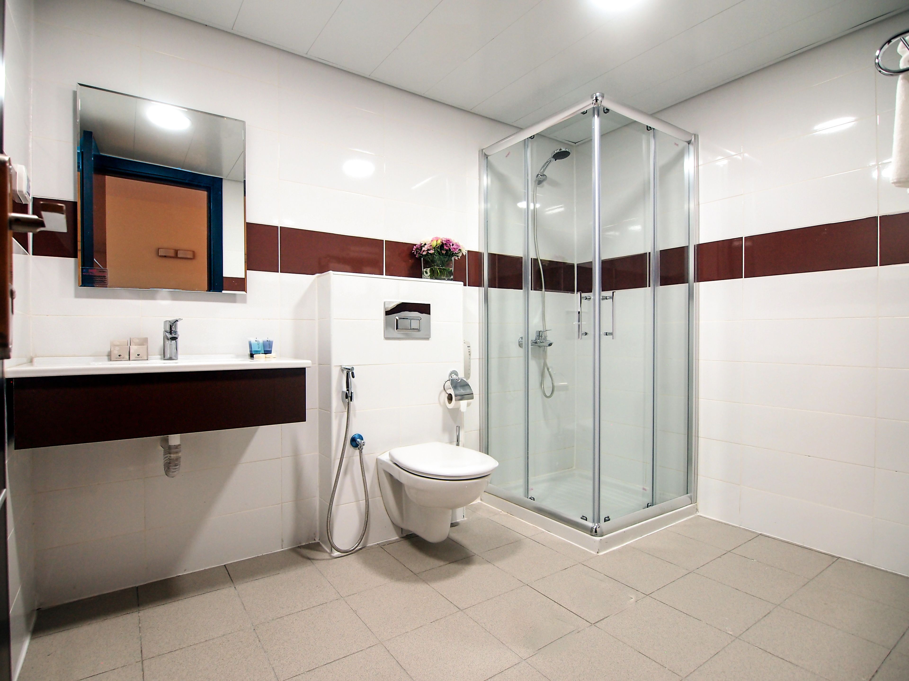 shower, free toiletries, hair dryer, towels