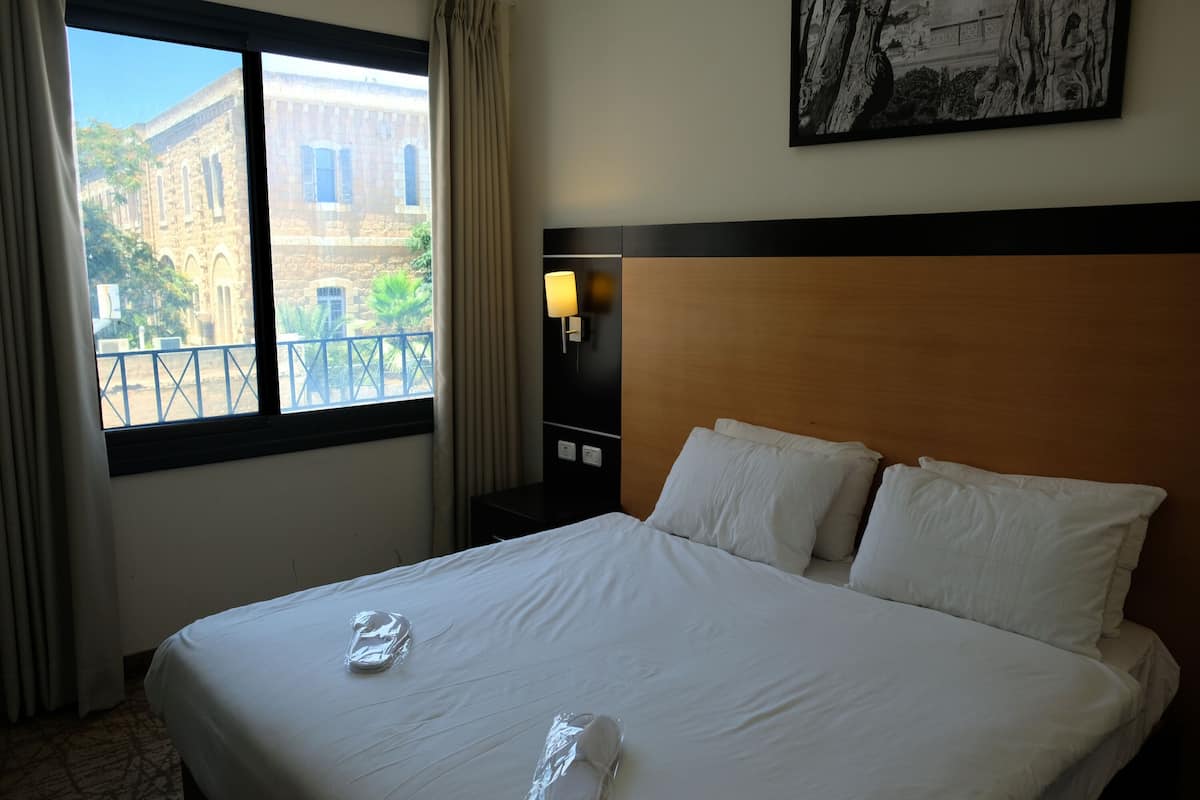 A hotel room with a large bed, a nightstand, a lamp, and a view of a building through the window.
