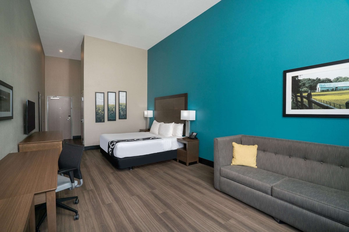 Habitación de hotel con cama, escritorio, sofá y televisión.