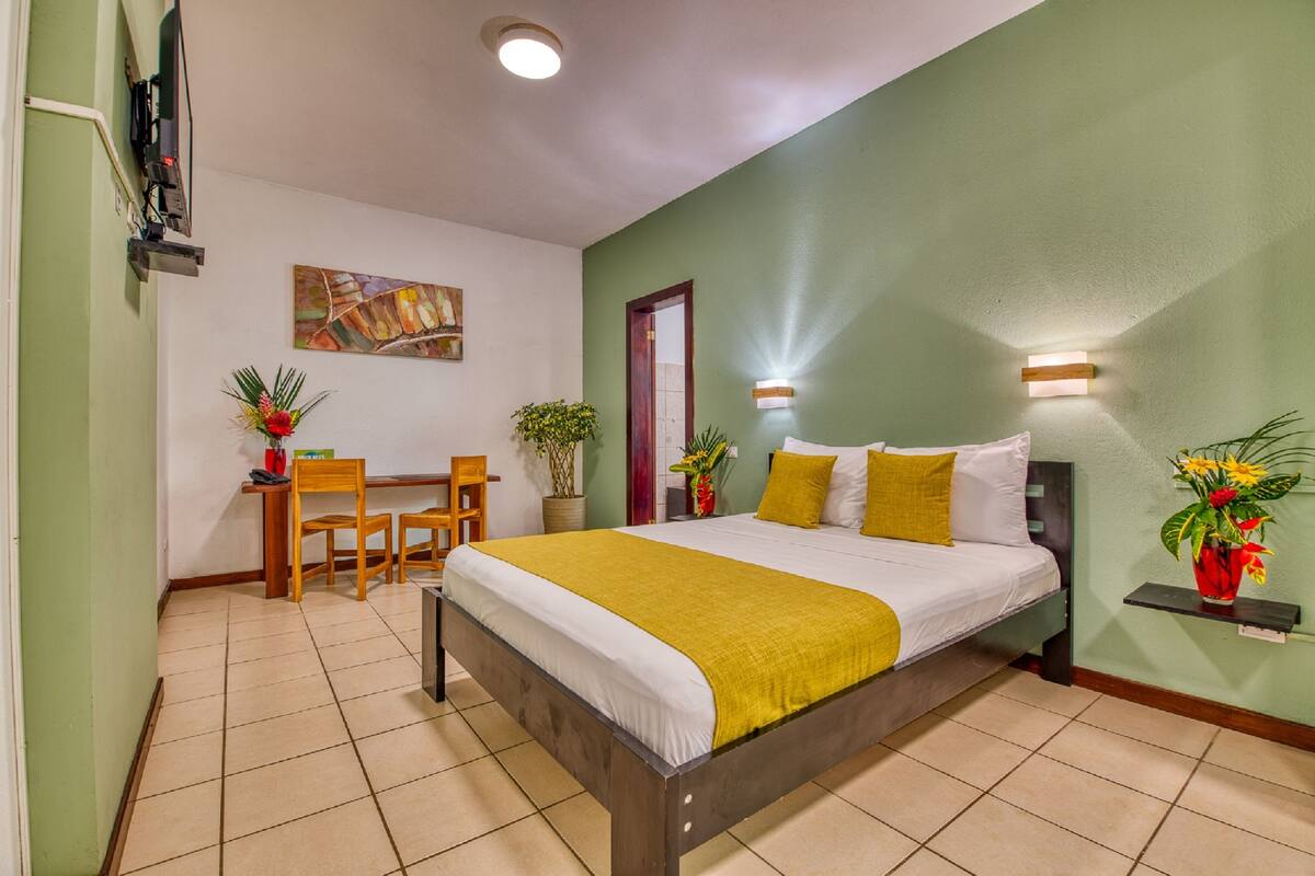 Une chambre d’hôtel avec un lit, un bureau, des chaises et des plantes en pot.