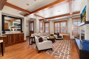 Smart TV, fireplace, video games, DVD player