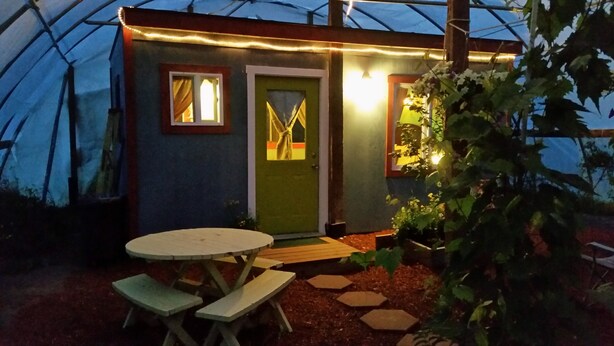 A small, single-story building with a green door and windows, a round table with benches, and a garden area with plants and stepping stones.