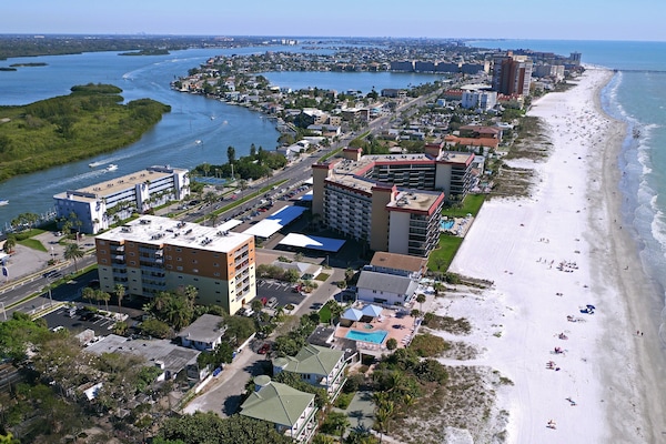 Aerial view of Redington Shores. Our building is the two toned rust and yellow.