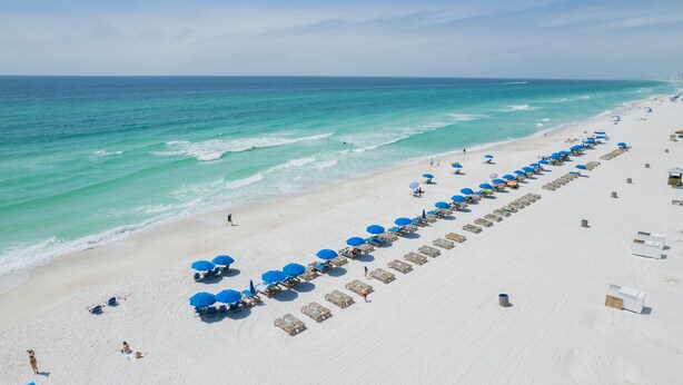 Une plage bordée de rangées de parasols et de chaises de plage, un rivage sablonneux et l’océan.