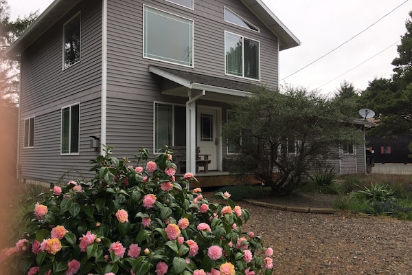 The Hermit Crab Cottage with spring blooms on the camellia bush.