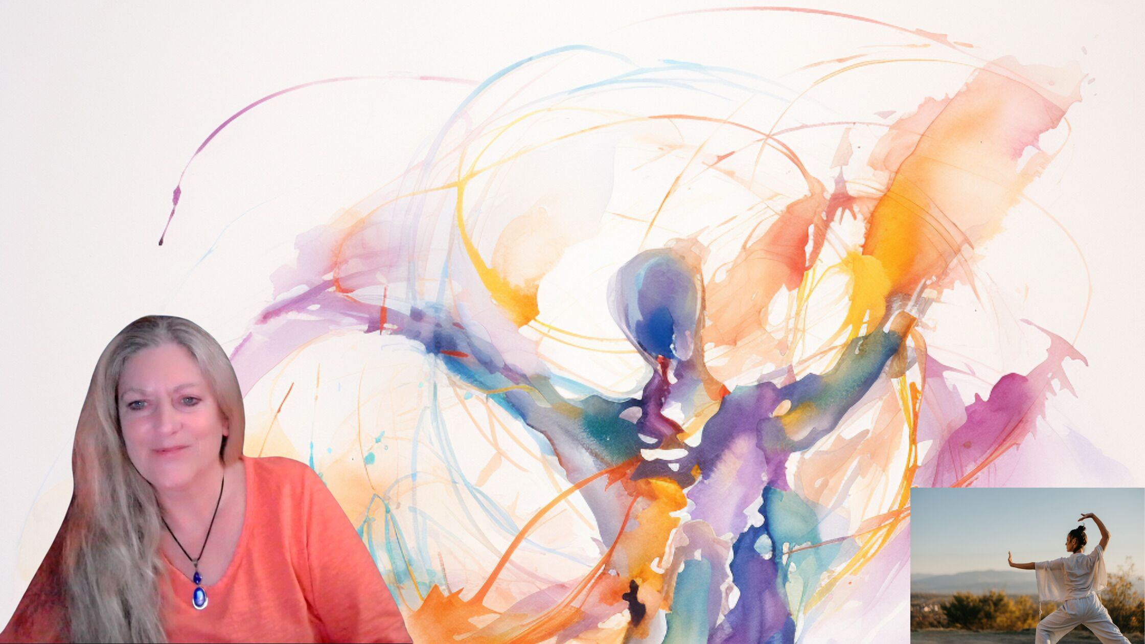 A person in a red top and necklace with a pendant, standing in front of a colorful abstract painting.