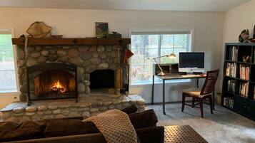 Smart TV, fireplace, video games, DVD player