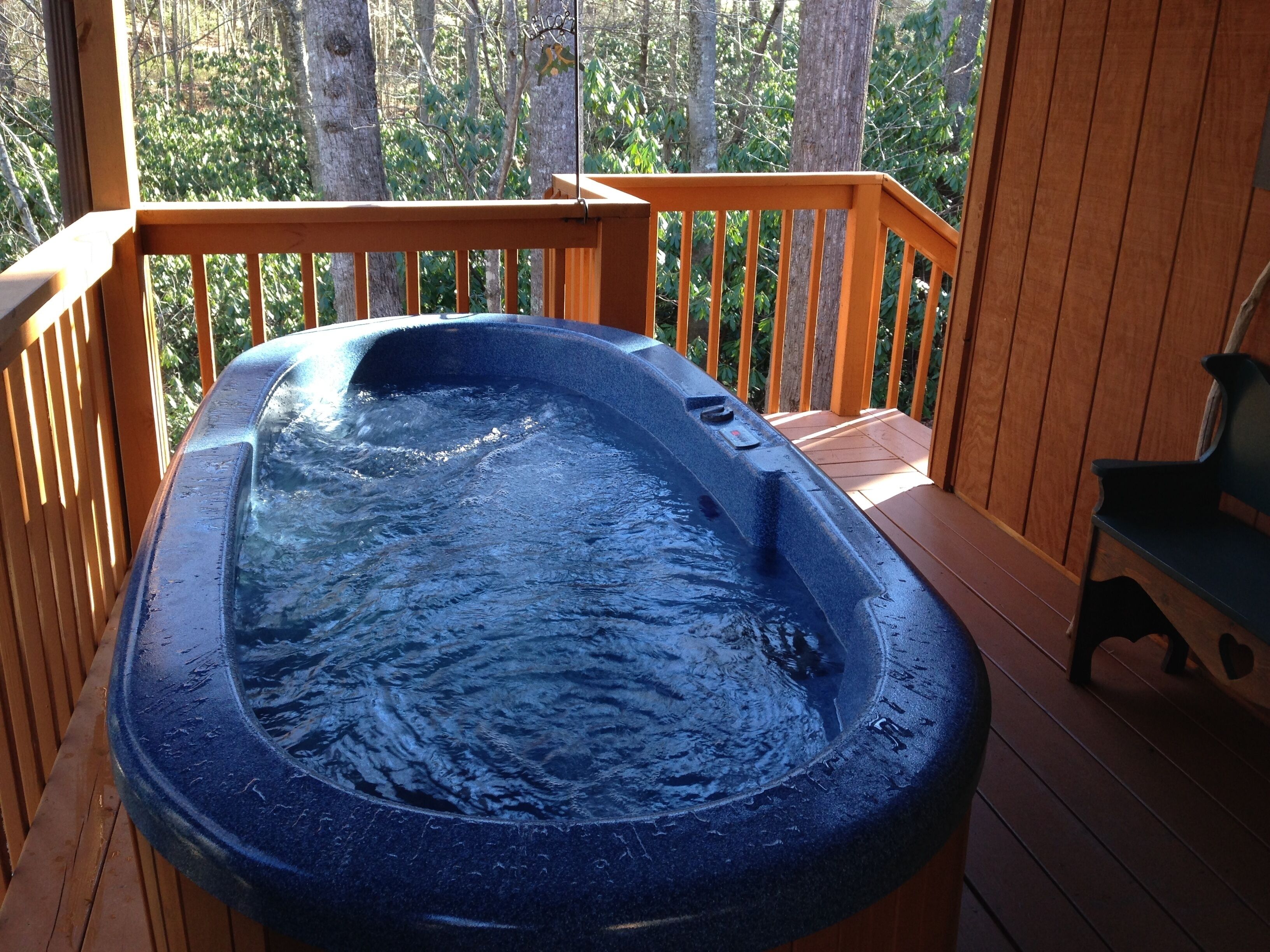 Hot tub on covered deck, overlooking the Johnson Branch Creek.