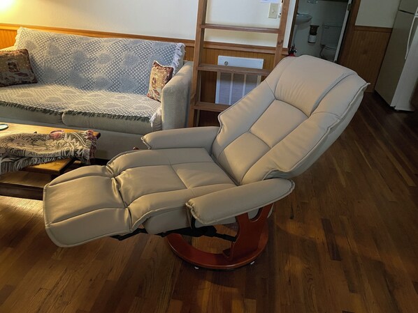 A modern living room with a beige recliner chair, a patterned sofa, and a wooden floor. - HOT TUB,WIFI, JACUZZI, FIRE PIT, ~A/C~ CREEK, 2 MIN TO MAGGIE (Maggie Valley)