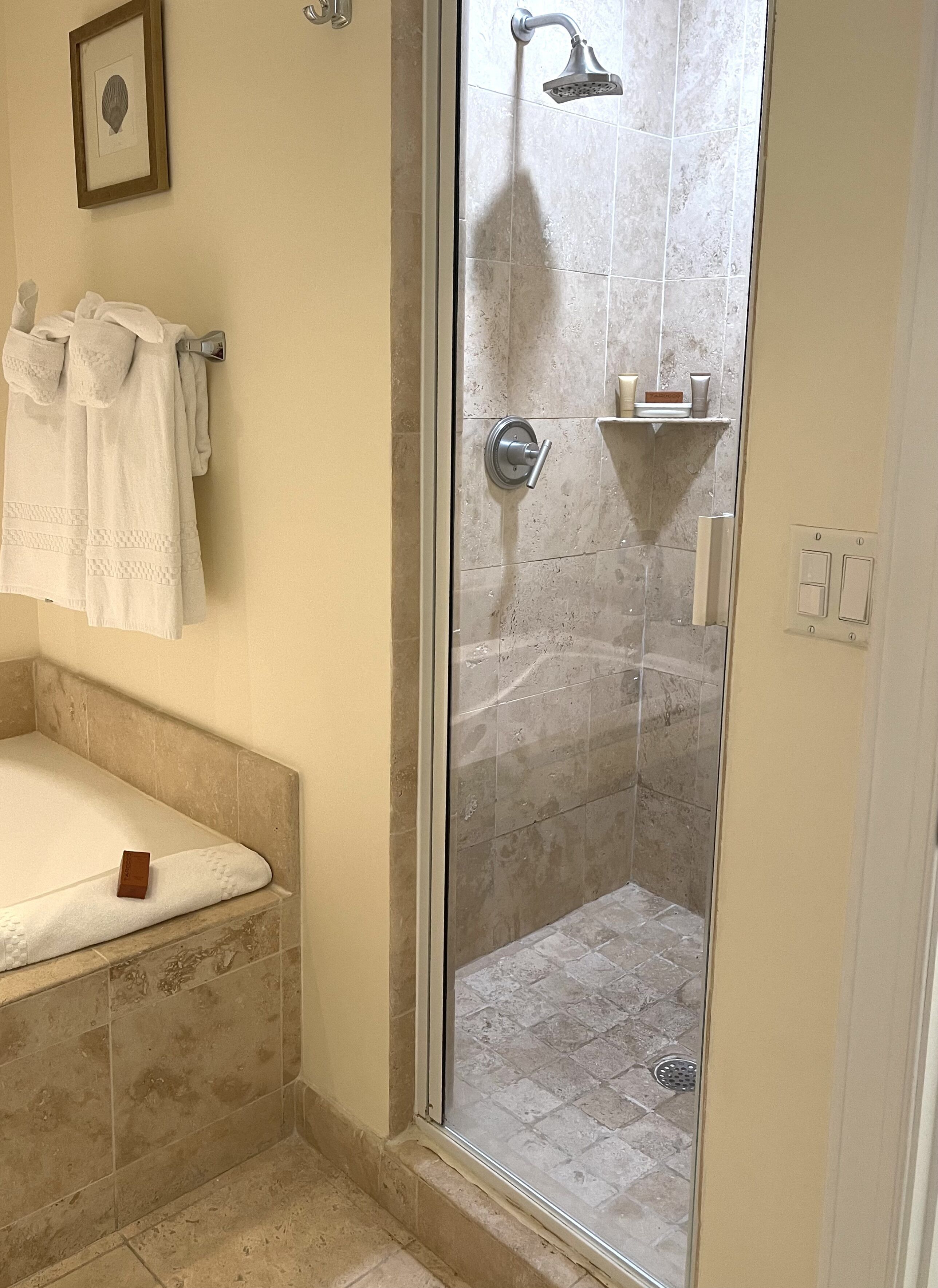 Une salle de bain avec une douche à parois de verre, une baignoire et un porte-serviettes avec des serviettes.