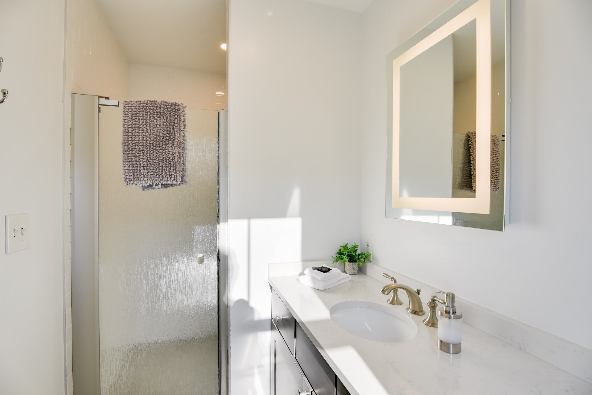 Shower, hair dryer, towels, toilet paper