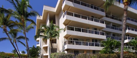Ein mehrstöckiges Hotel mit modernem Design, das Balkone in jeder Etage bietet und von Palmen und gepflegter Bepflanzung umgeben ist.