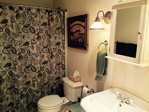 Bathtub, hair dryer, towels, soap