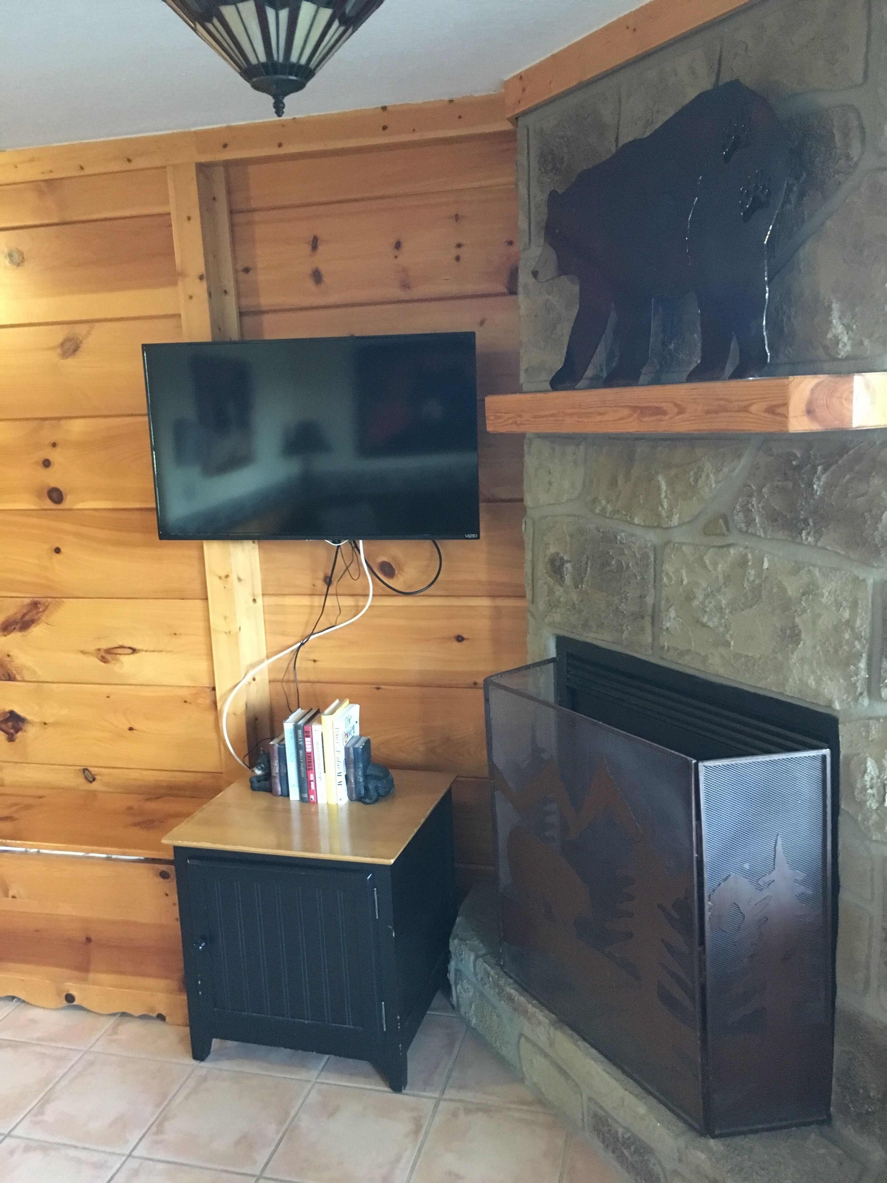A wooden-paneled room with a mounted flat-screen TV, a small black cabinet with books, and a stone fireplace with a decorative animal head.