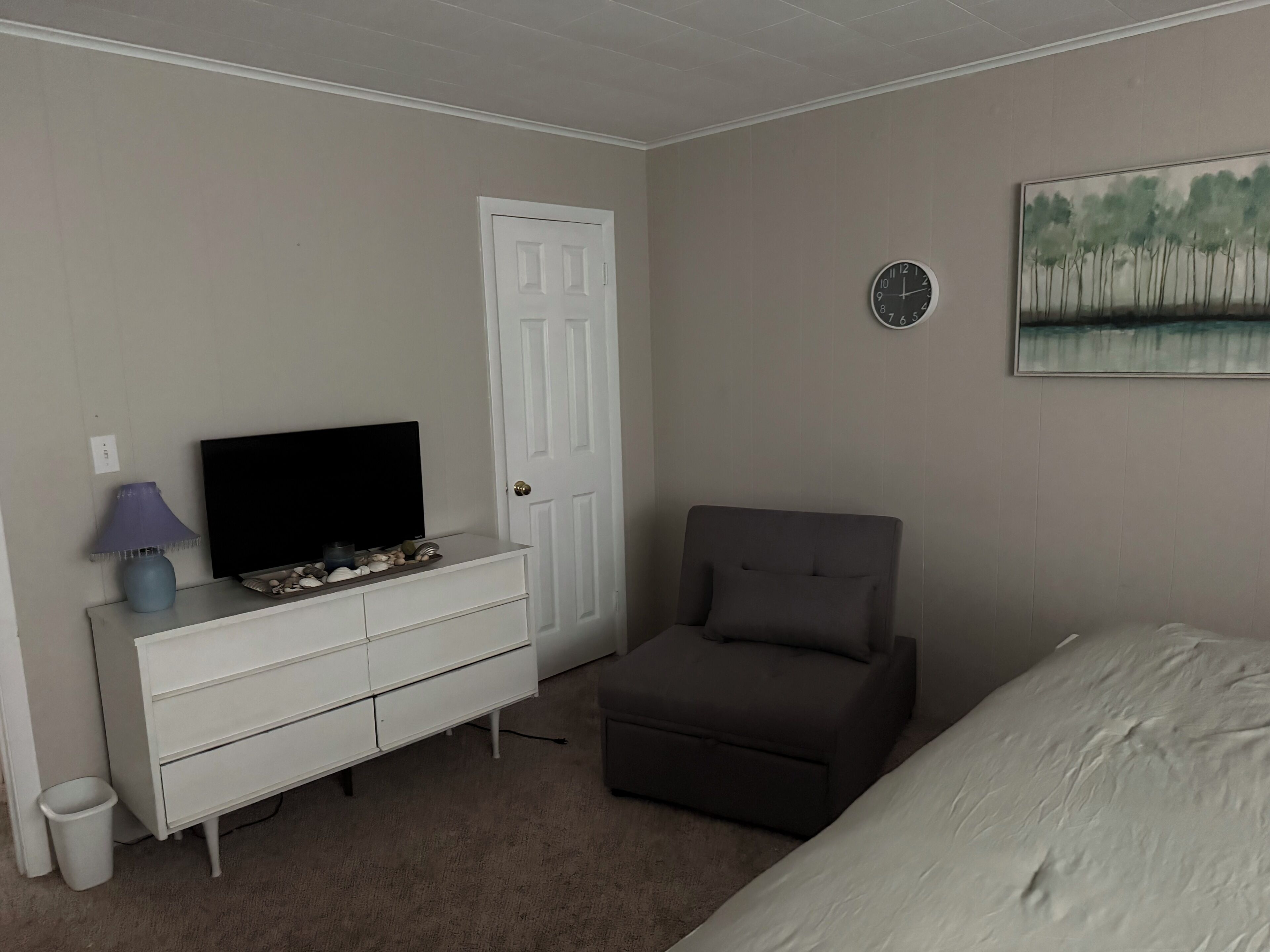 A bedroom with a bed, a dresser, a television, a chair, and a door.