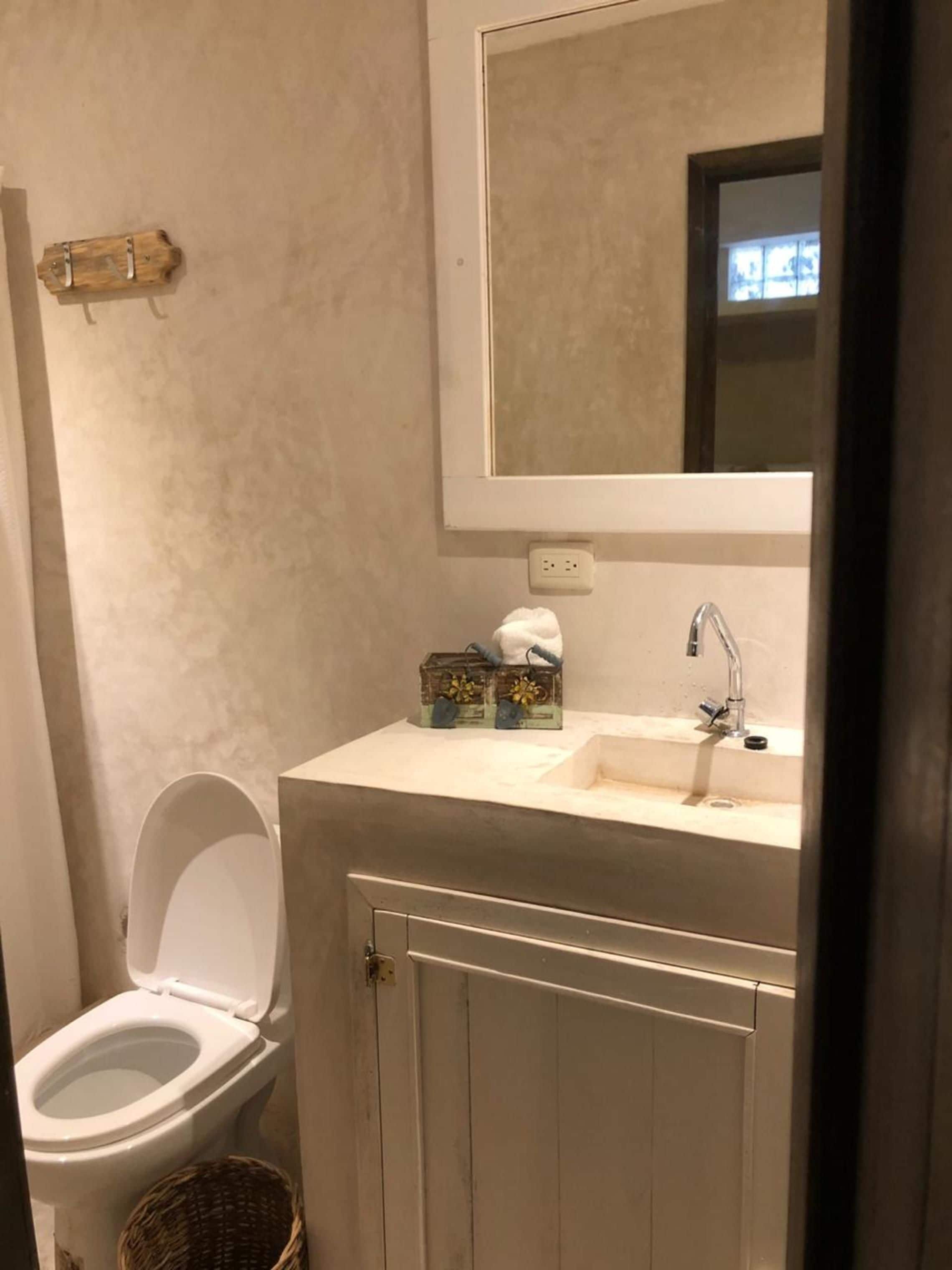 Une salle de bain équipée de toilettes, d’un lavabo, d’un miroir et d’un petit panier en osier.