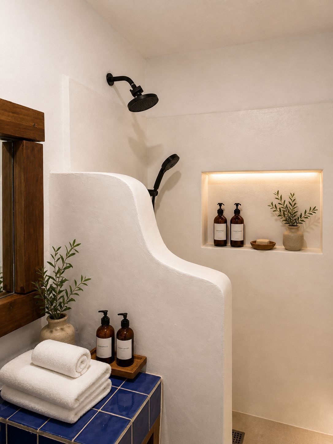A bathroom with a shower, a sink with toiletries, and a shelf with bottles and a plant.