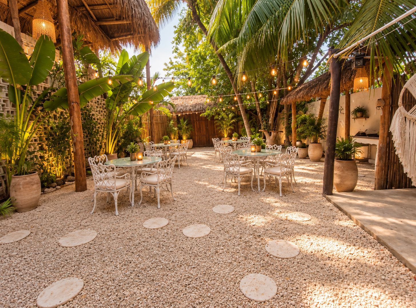 Un espacio de comedor al aire libre con mesas y sillas redondas, rodeado de plantas en macetas y una estructura con techo de paja.