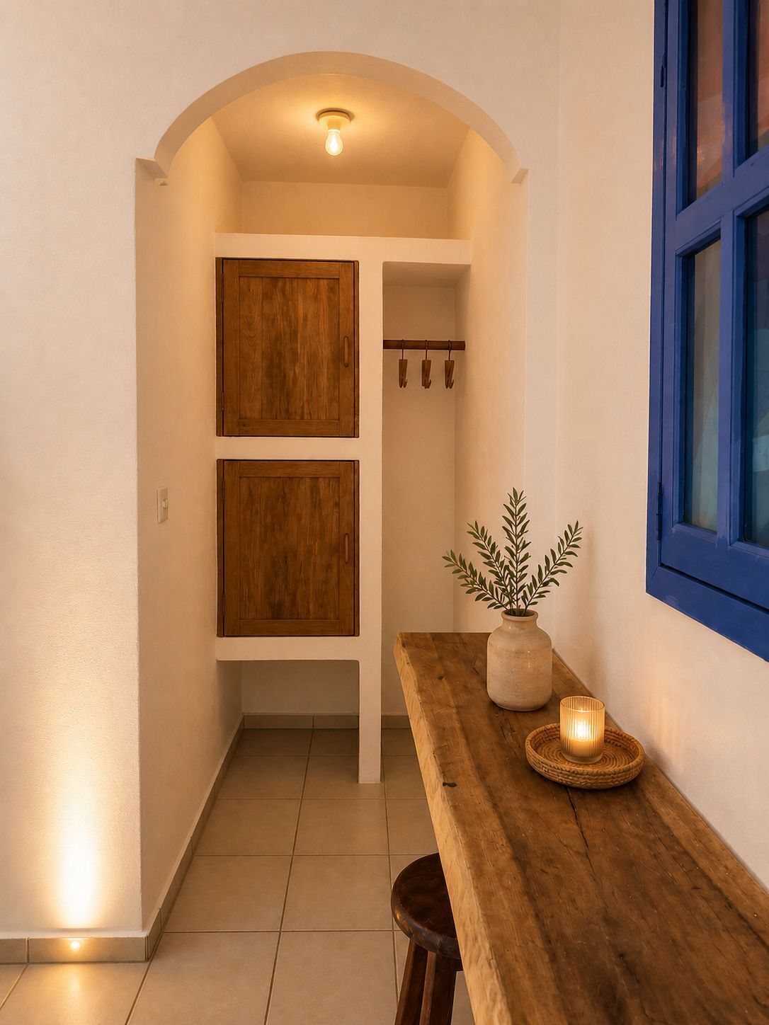 A hallway with a wooden bench, a potted plant, and a lit candle on a woven coaster.