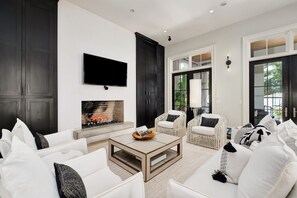 Smart TV, fireplace, video games, DVD player