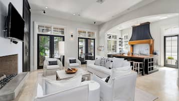 Smart TV, fireplace, video games, DVD player