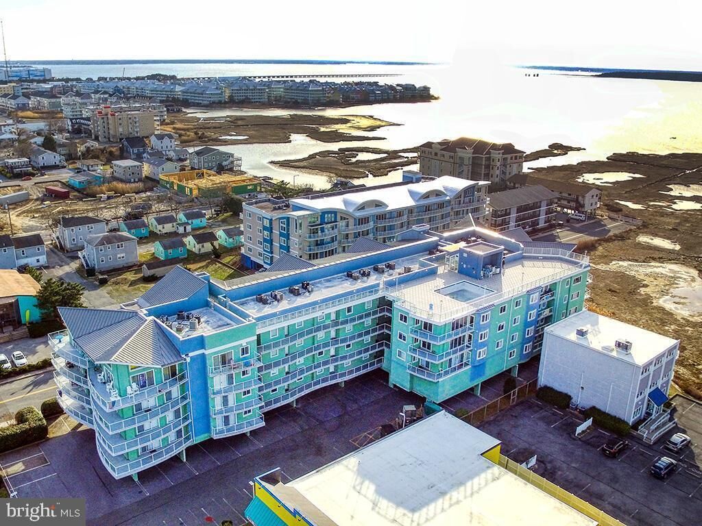 Arial view of condo building looking southwest showing the Assawoman Bay.