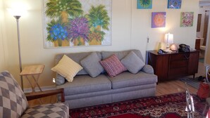 Un salon avec un canapé gris, des coussins à motifs, un tapis rouge et bleu, une lampe sur pied et un ventilateur de plafond.