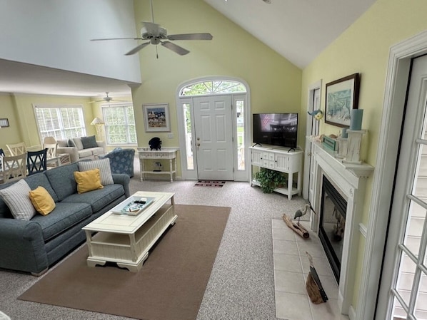 Smart TV, fireplace, DVD player, books