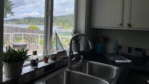A kitchen with a view of a lake and forest, a sink, cabinets, and potted plants. - Tide Cove Beachhouse in Poulsbo (Poulsbo)