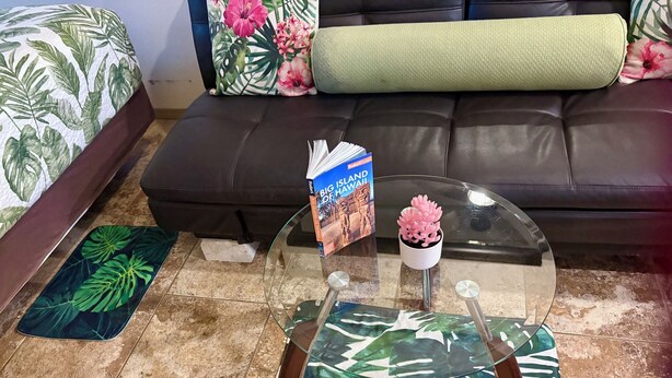 Un salon avec une table basse en verre, un livre intitulé « Big Island Hawaii », une petite plante en pot et un tapis aux motifs tropicaux.