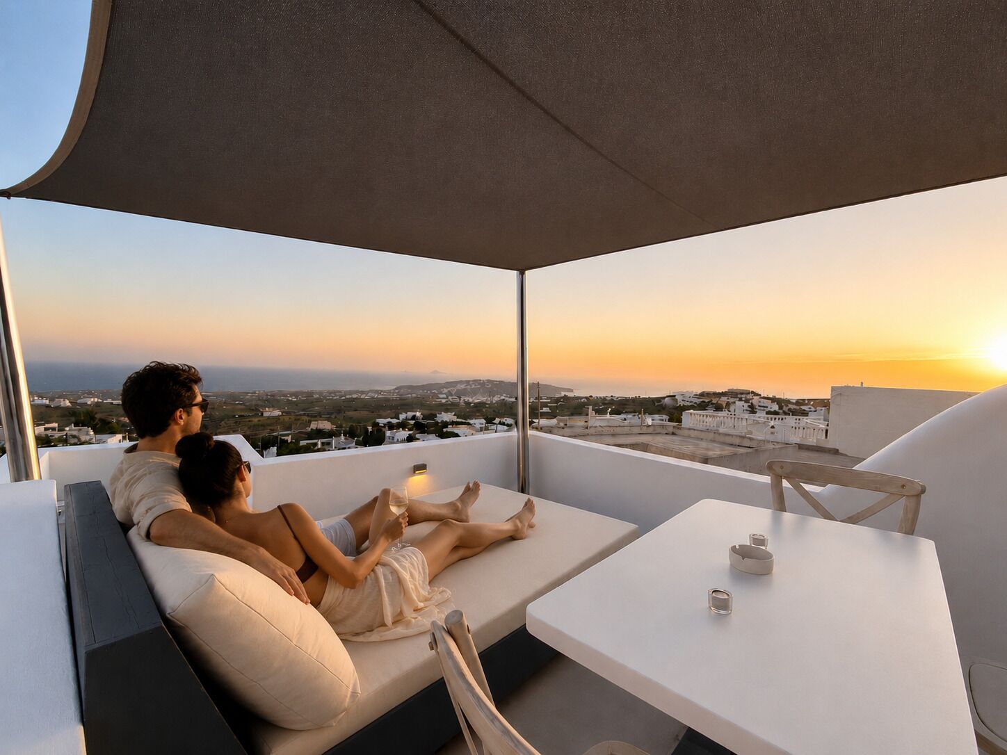 A couple relaxing on a balcony with a city view at sunset.