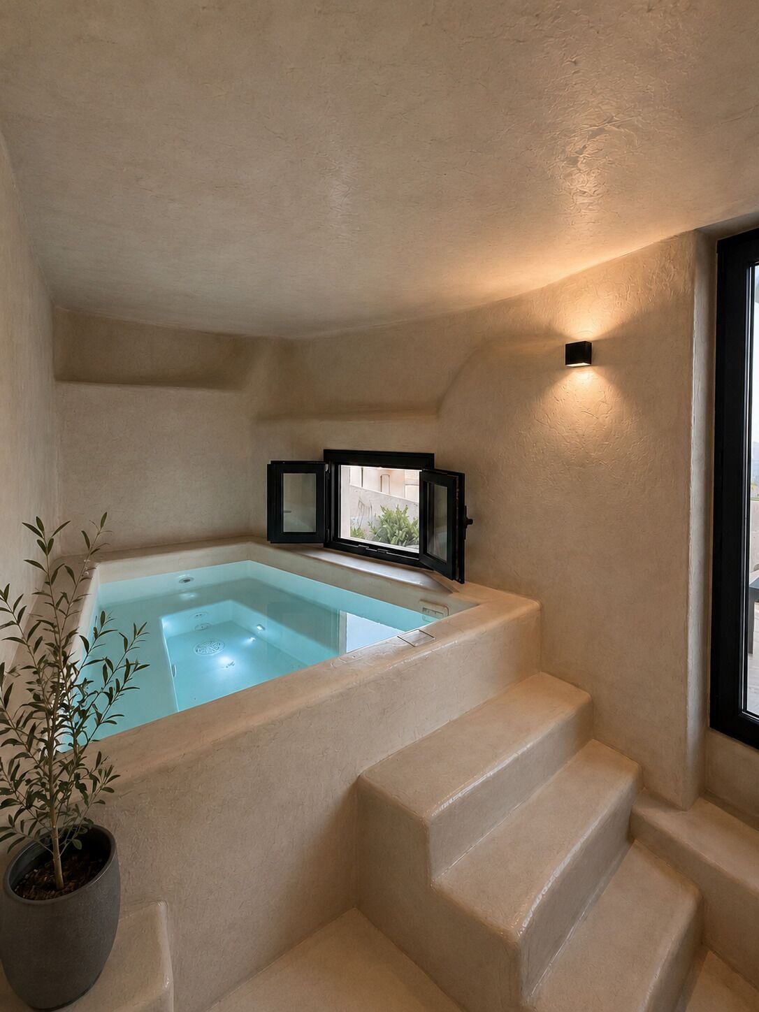 Un cuarto de spa con una bañera, una planta en maceta y una ventana con vistas.