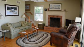 TV, fireplace, DVD player, books