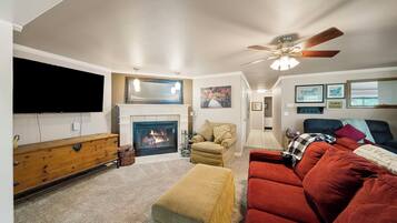 Smart TV, chimenea, reproductor de DVD y libros