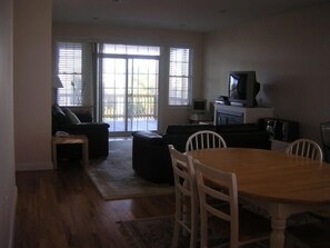 Smart TV, fireplace, DVD player, books