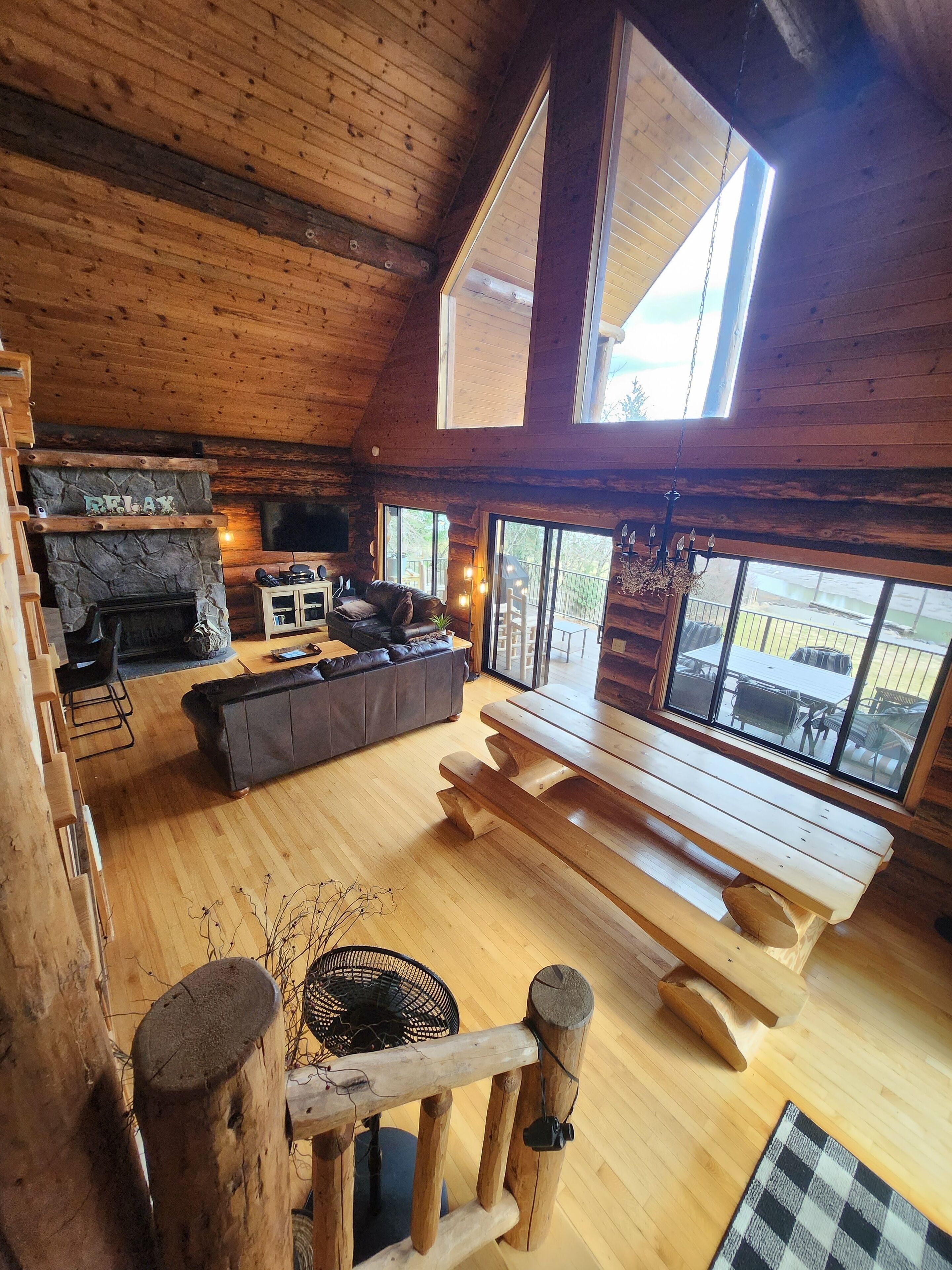 TV connectée, cheminée, lecteur de DVD, livres